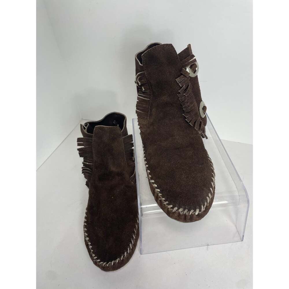 Vintage Artisan Made Mexico Suede Moccasin Boots Fringe Concho Women's 10 EUC - Picture 2 of 8